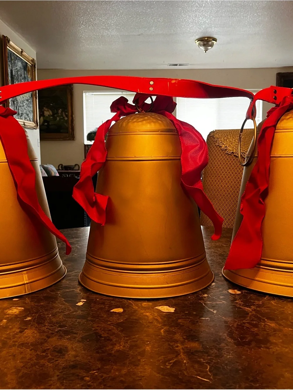 Gold Bell Wall Hanging with Red Ribbon Holiday Accent